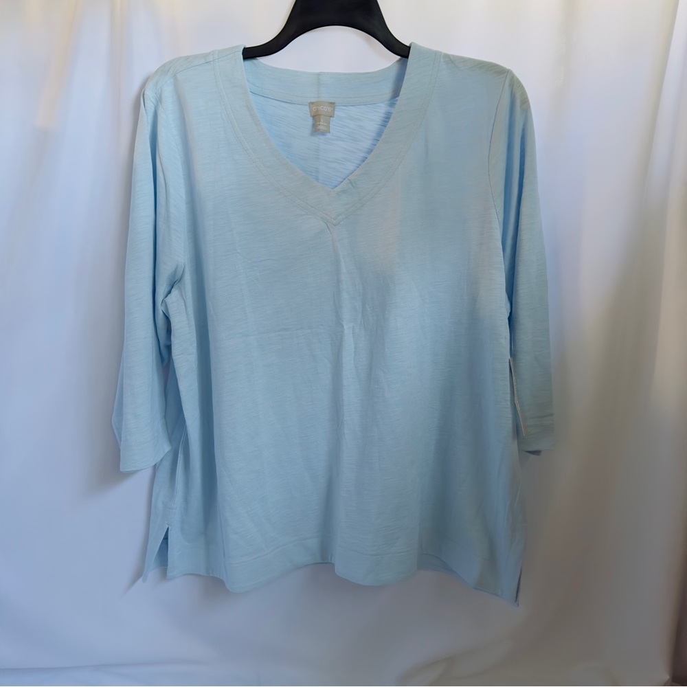 NWT Chico's Cotton Slub Refined V-Neck 3/4 Sleeve Basic Knit Moonstone Blue SZ 4
